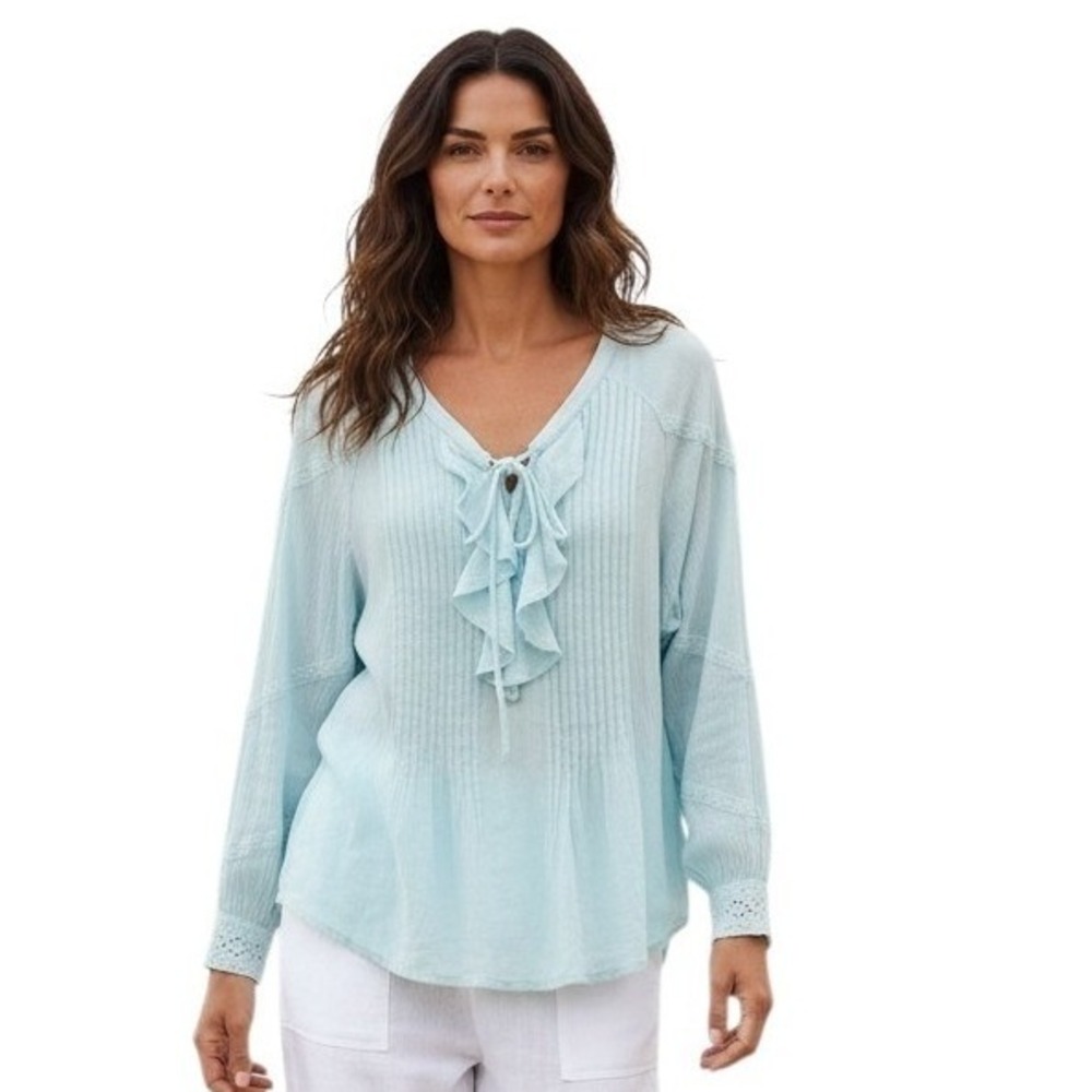Taska Polizzi Euro Summer Beach Romantic Womens size XL Ruffle Pintuck Gauze Top